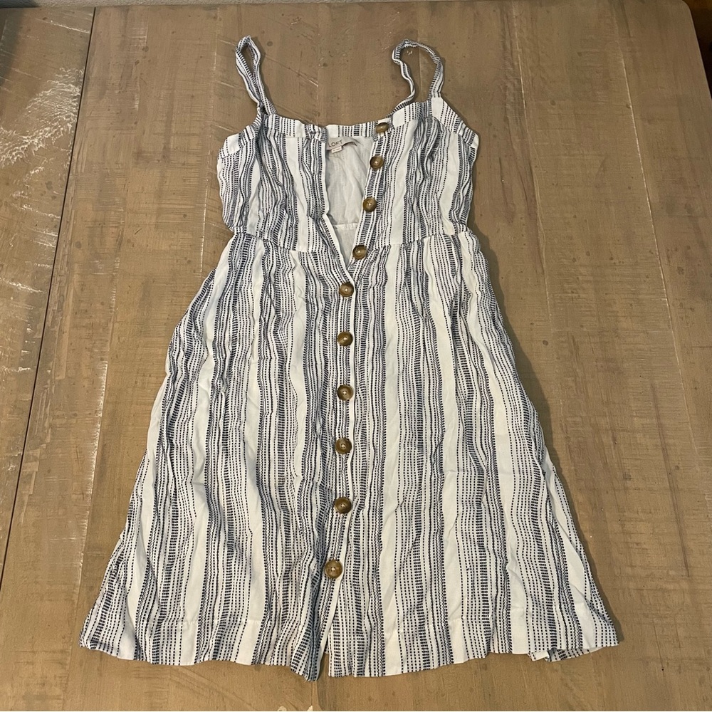 LOFT Button Down Striped Flare Dress - Picture 1 of 7